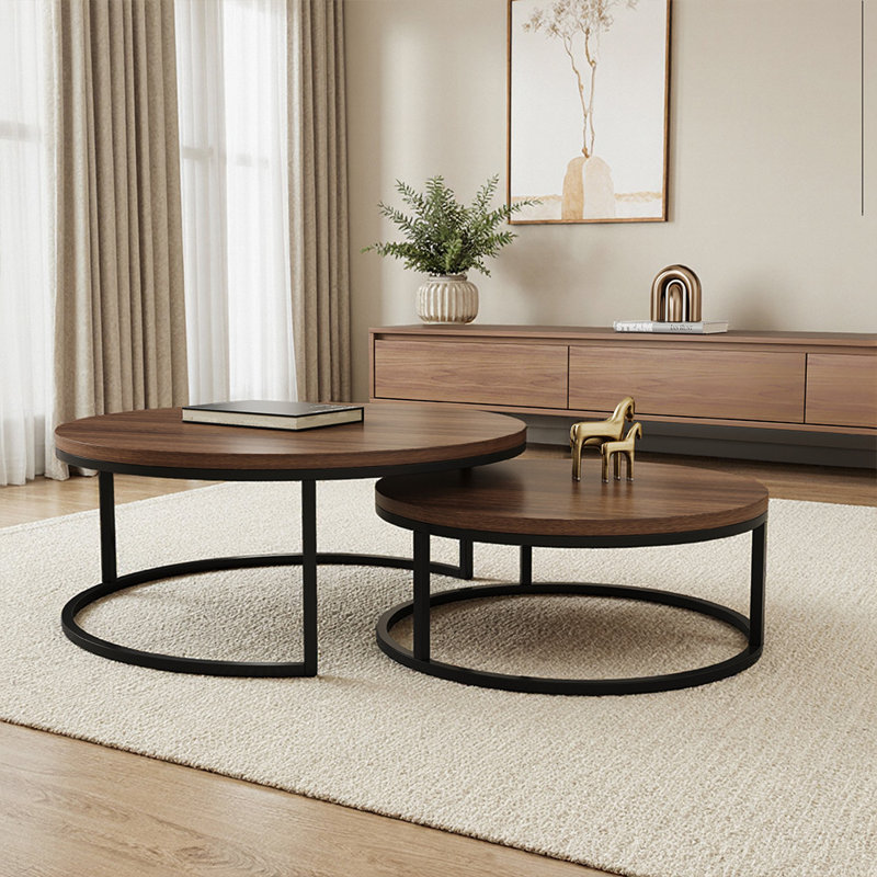 Nesting Coffee Tables Set of 2, Round Walnut & Black Metal Frame, Modern End Tables for Small Spaces, Living Room, Apartment (80 & 60cm)