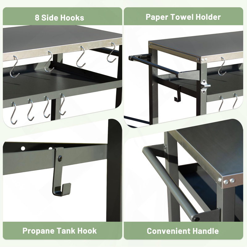 Table de barbecue extérieure à 3 tablettes, chariot de barbecue extérieur avec roulettes, four à pizza et table de préparation des aliments, table Blackstone avec plateau en acier inoxydable, support de barbecue pour plaque chauffante Blackstone pour barbecue extérieur
