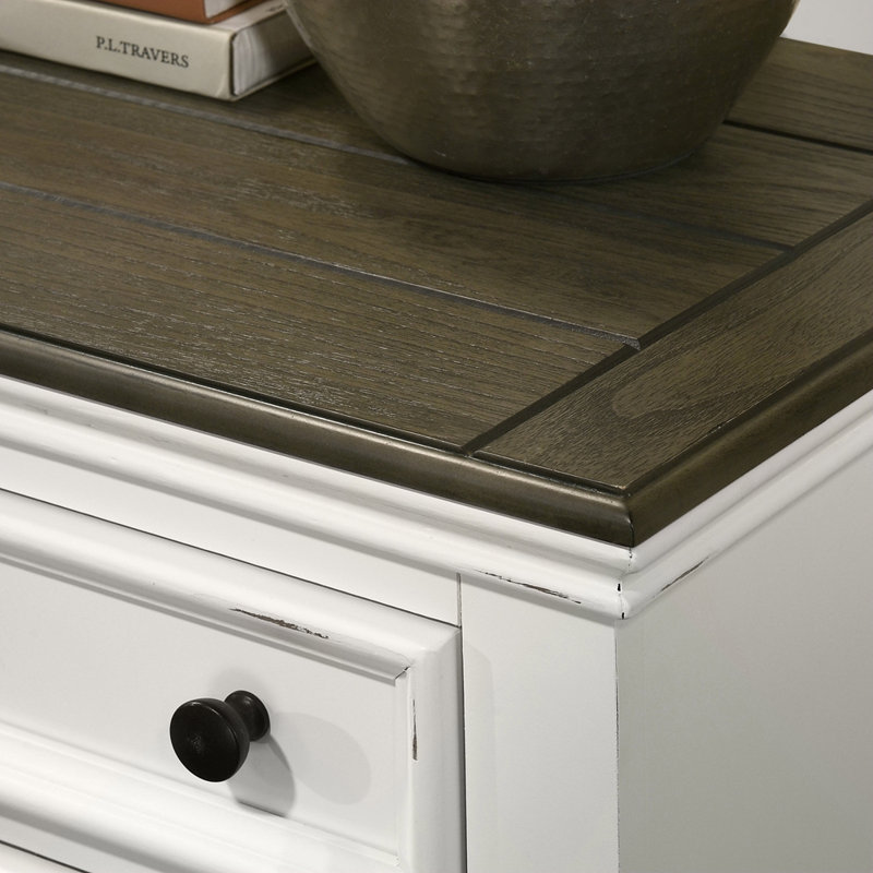 Table de chevet 3 tiroirs en bois, blanc vieilli et gris