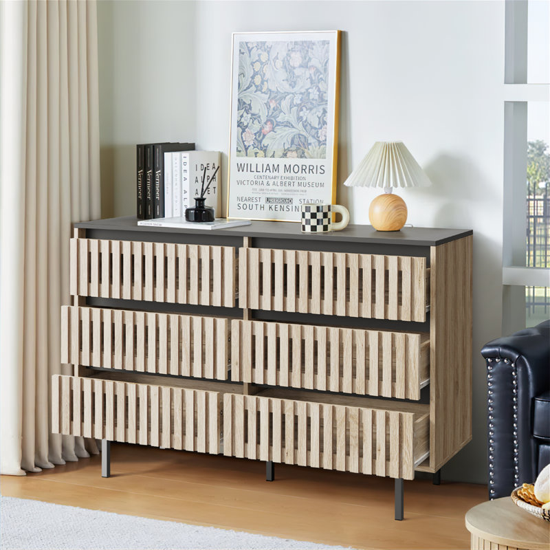 Fluted 6-Drawer Dresser Bedroom Storage Cabinet, Modern Minimalist Two-Tone Design