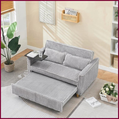 Gray Corduroy 2-Seat Pull-Out Sofa Bed with Movable Tabletop &amp; USB Ports – Ideal for Living Room &amp; Bedroom