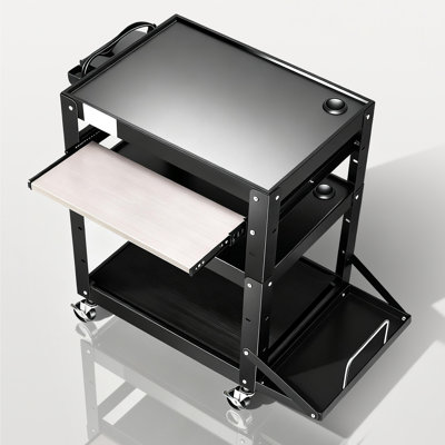 Rolling Computer Cart With Power Strip, 3-Tier Utility AV Cart With Wheels, Keyboard Tray, CPU Stand