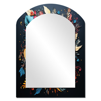 Boho Flowers Bouquet In Blue And Gold I - Botanicals Arch Large Mirror, Modern Asymmetrical Unique Wall Mirror Decor, Printed Metal Art