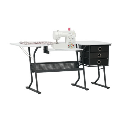 Sewing Table With Storage Drawers And Large Lower Shelf, Black And White, 24"D X 60"W X 29"H