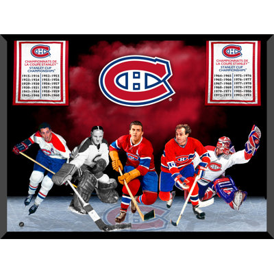Collage de 5 joueurs encadrés avec des anciens de Montréal découpés au laser