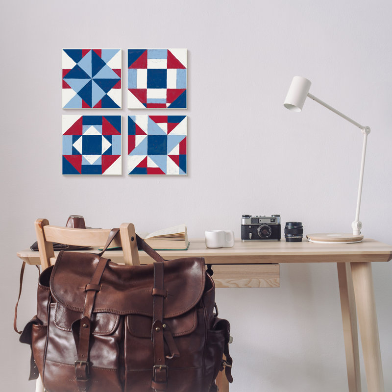 Motif de courtepointe géométrique patchwork rouge blanc bleu par Vanna Lam - ensemble de 4 impressions d'art graphique