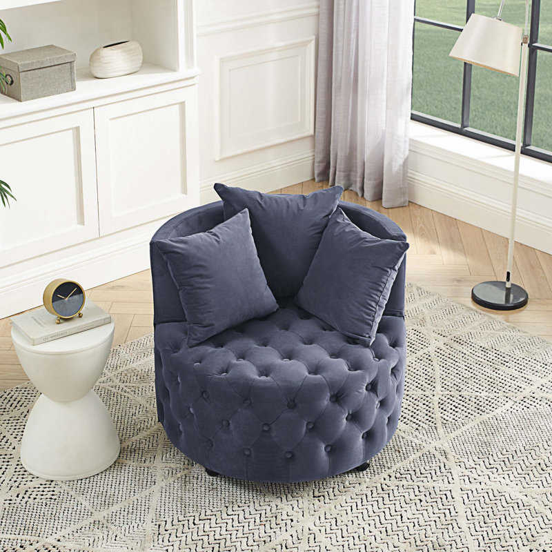 Jakora Velvet Swivel Barrel Chair, Gray Velvet