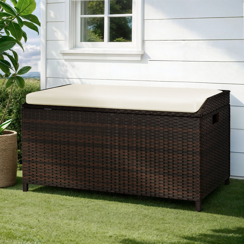 Banc de rangement en osier, banc de patio, banc de véranda avec rangement et coussin Auroralynn