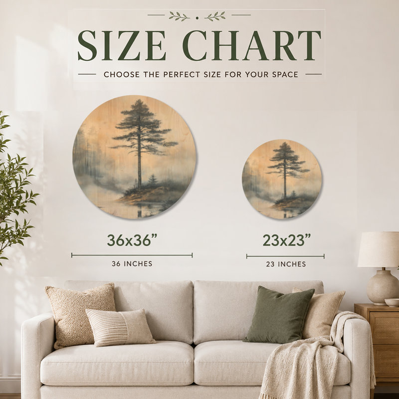 Pin qui monte à travers la brume - Art mural rond en bois naturel, Rond 23 po, Rond