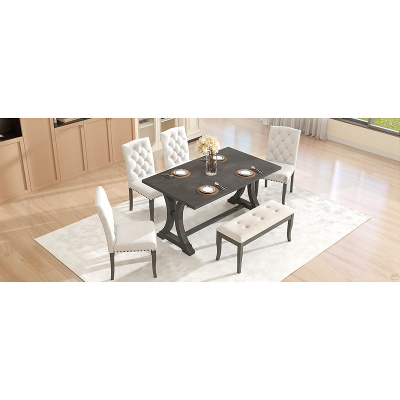 Ensemble de table de salle à manger 6 pièces, table à tréteaux rectangulaire, 4 chaises rembourrées et banc pour salle à manger (gris antique)