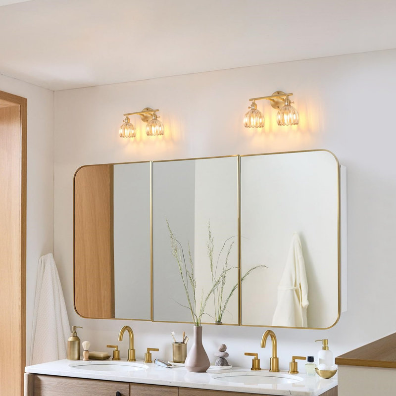 Applique murale 2 lumières en laiton sur miroir, Ambre