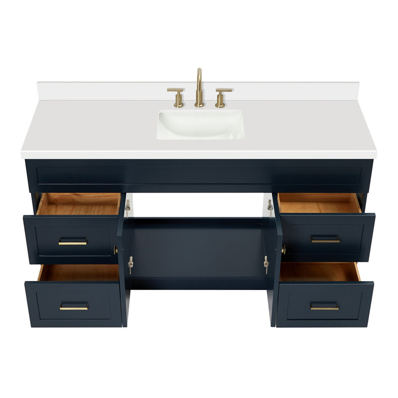 Hamlet 67'' Single Bathroom Vanity with White Quartz Top, Blue, Satin Brass