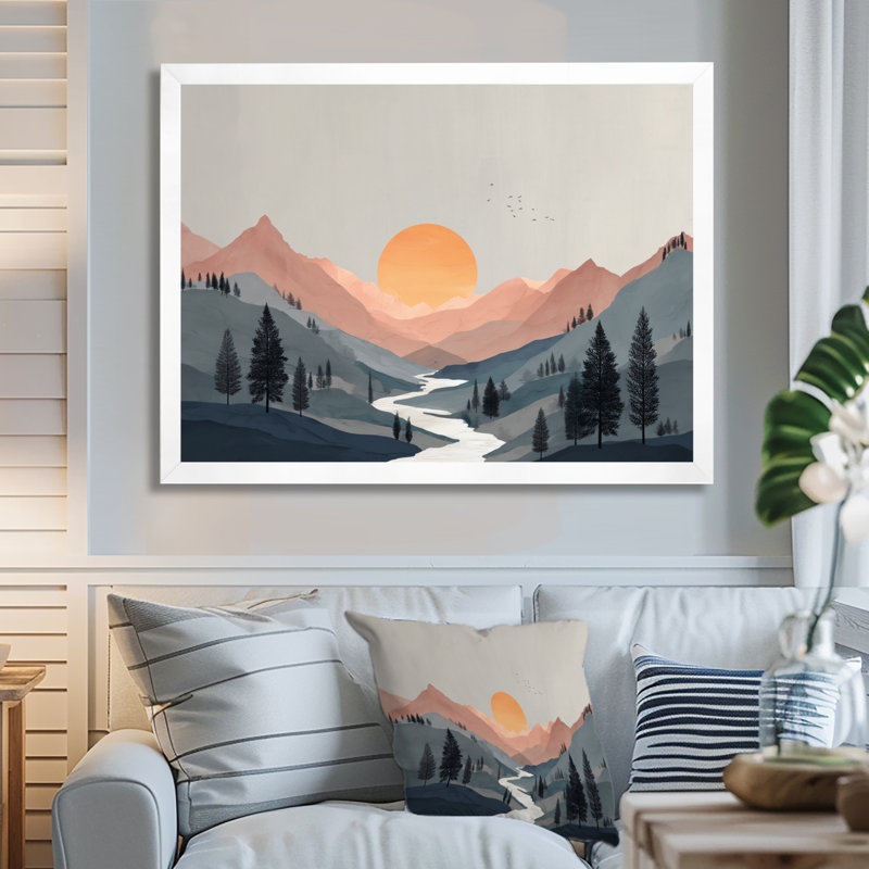 Été coucher de soleil dans les montagnes - art mural côtier, impression sur toile jaune, H 16 po x l 32 po, Blanc
