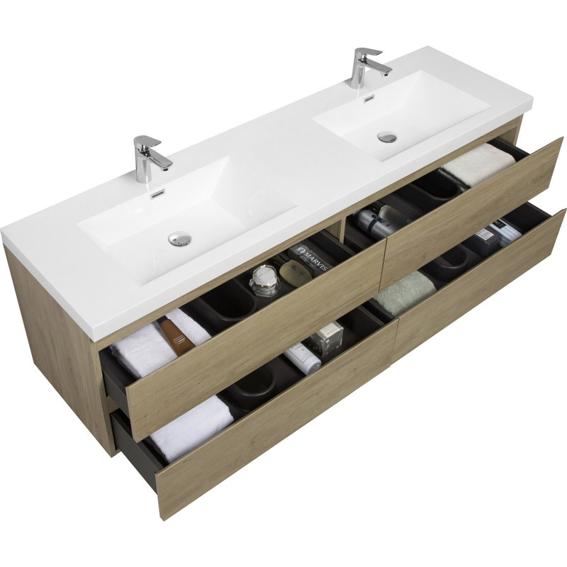 Meuble-lavabo mural moderne pour salle de bain, Chêne