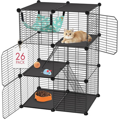 Cage à chat, enclos à chat à 3 niveaux pour chat, aire de jeu pour chat intérieur et extérieur avec hamac, cage de chenil en fil métallique amovible, lieu d'exercice pour 1 à 2 chats / chaton