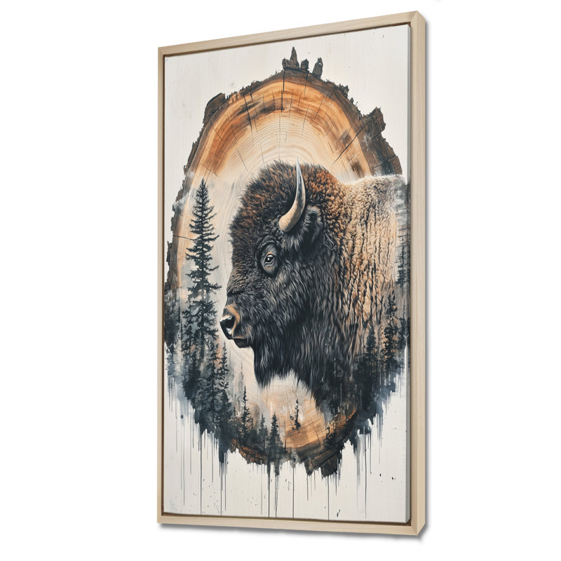 Tête de bison Geronda, H 60 po x l 28 po, Reproduction avec cadre flottant, Crème, crème