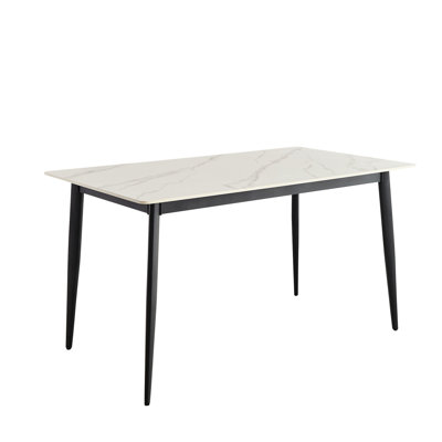 White Ceramic Tile Top Dining Table With Metal Legs, Rectangular 54.03" H Porcelain Mid Century Style