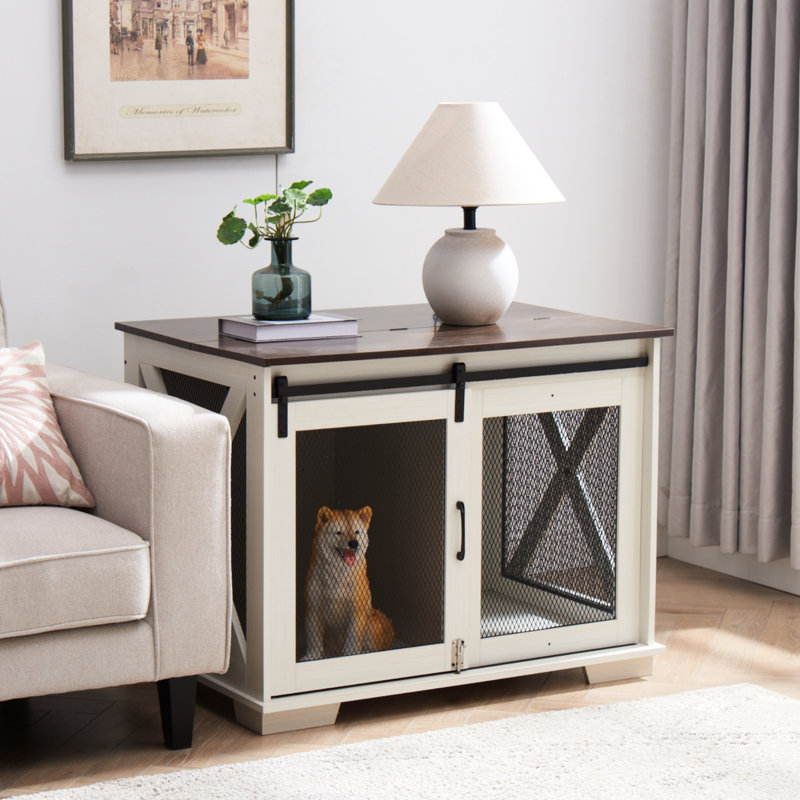 White Dog Kennel With Metal Latch And Adjustable Partition, Look Crate Sliding Door Removable Partition For Comfort,