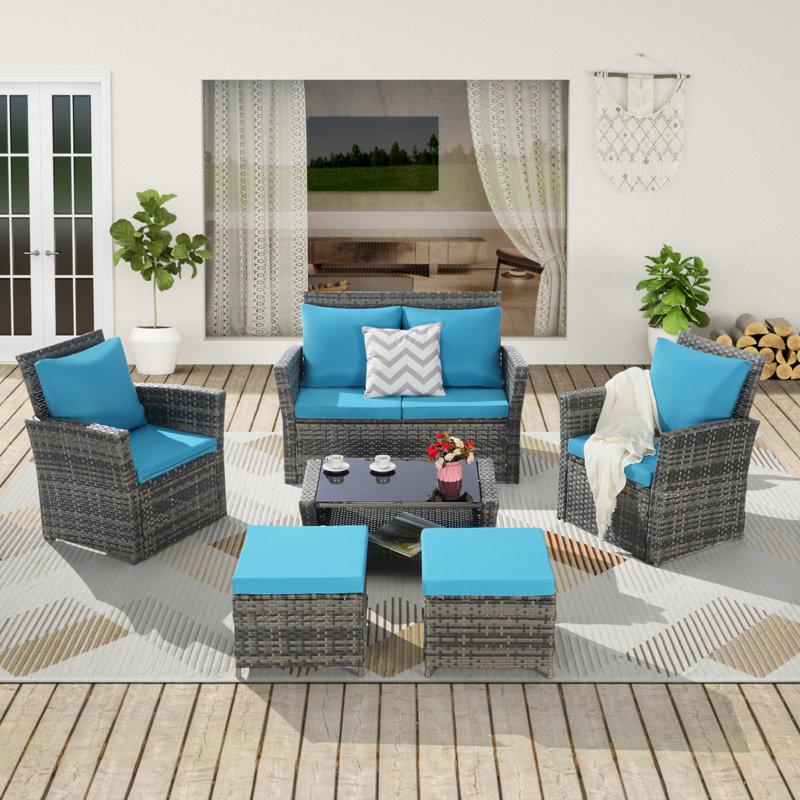 6 Piece Wicker Patio Furniture Sets With Ottoman & Tempered Glass Coffee Table, Light Blue