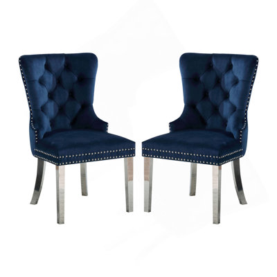 Ensemble de 2 chaises à oreilles avec dossier capitonné bleu et chrome