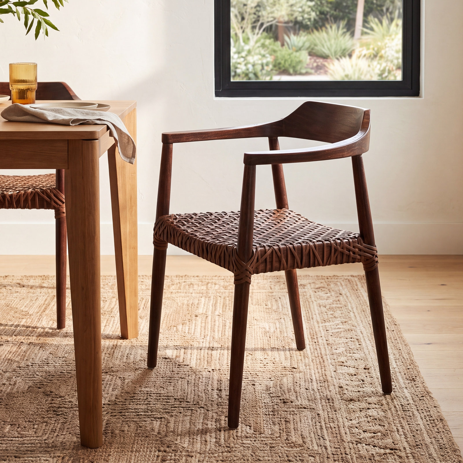 Bruna Teak Dining Armchair, Unfinished Natural, Cognac Genuine Leather