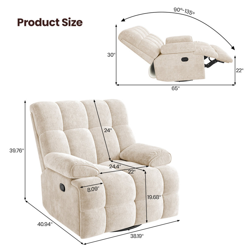 38.19" Wide Chenille Modern Upholstered Manual Swivel Recliner, Standard Recliner, Widened Width, 360° Swivel and Tuxedo Armrests