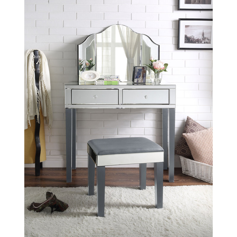 Ensemble de coiffeuse avec miroir 3 pièces Juliet, Gris