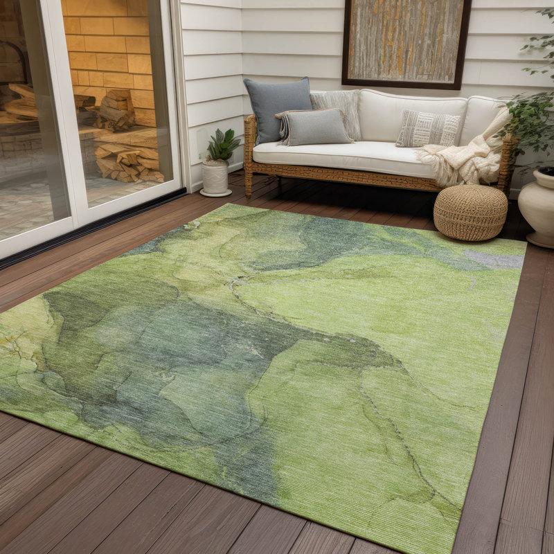 Green Rectangular Machine Washable Synthetic Rug 10' x 14'