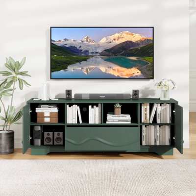 Le meuble télé en bois de style campagne moderne convient aux téléviseurs de 65 po ou moins, avec une finition ondulée unique, un grand tiroir de rangement, des tablettes réglables et des armoires pour le salon, vert