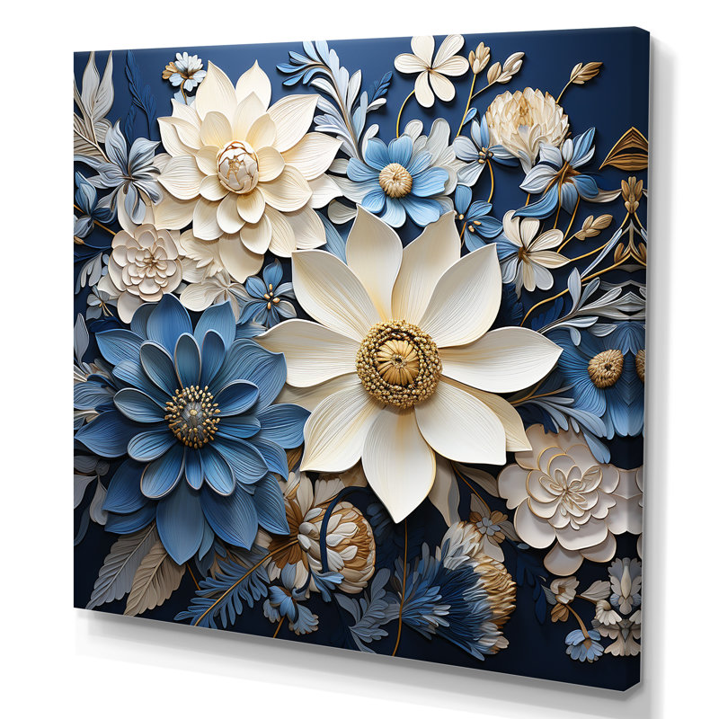 «Blue And White Seasonal Flowers Collage V», reproduction sur toile, Toile tendue, H 16 po x l 16 po x P 1 po