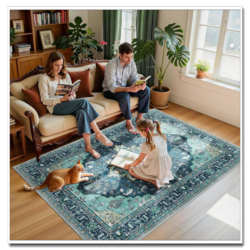 5'X7' Washable Non-Slip Area Rug - Sunflower Series Floral Vintage Distress Medallion Print (Teal Green Lake Blue Turquoise) For Living Room