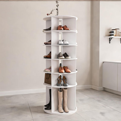 Entryway Closet Storage Modern 6-Tier 360 Degree Rotating Shoe Organizer, Free Standing Spinning Plastic Tower, Clean White