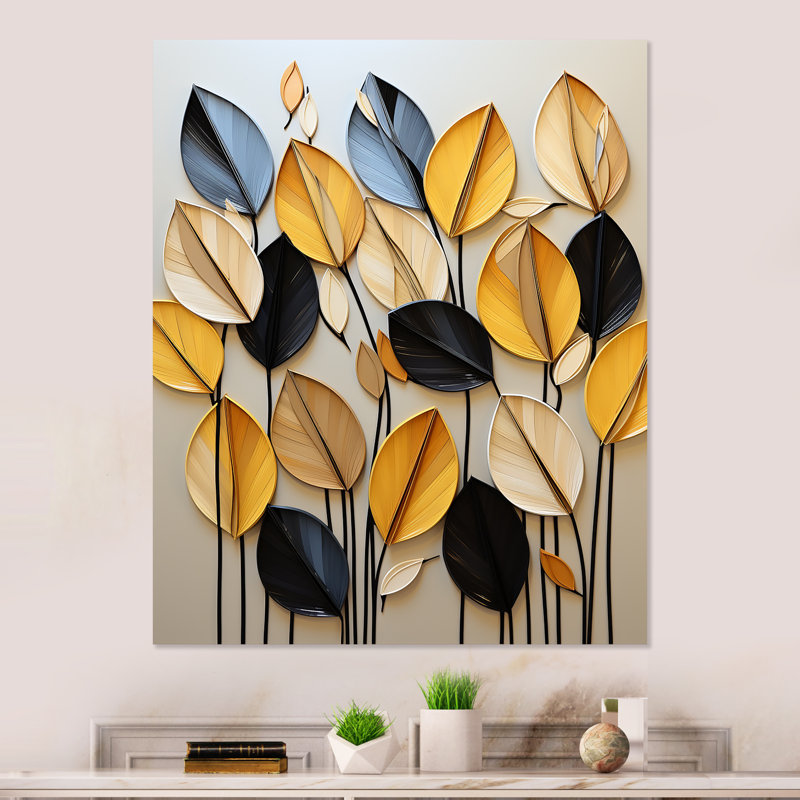 «Yellow and Black Natures Leaf Essence 1 - Tachisme», art mural en métal, H 20 po x l 12 po x P 1 po