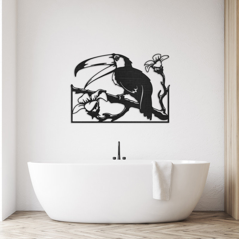 Art mural abstrait de Toucan, de fleurs et de branches d'arbre - ACM blanc (22,4 po x 32 po), H 22,4 po x l 32 po x P 0,25 po