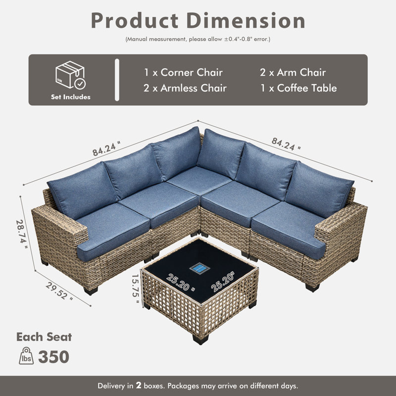 Wahkon Wicker/rattan 5 - Person Wicker Sectional Seating Group with Lighted Coffee Table, Modern Modular Outdoor Conversation Set with Cushions