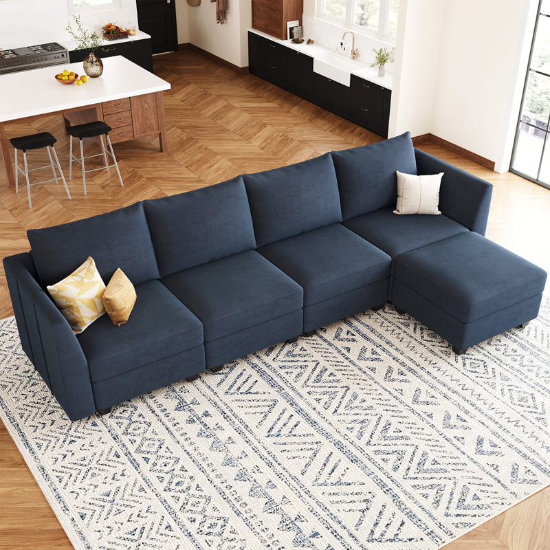 Canapé modulaire en bois massif avec repose-pieds Allison, Velours bleu