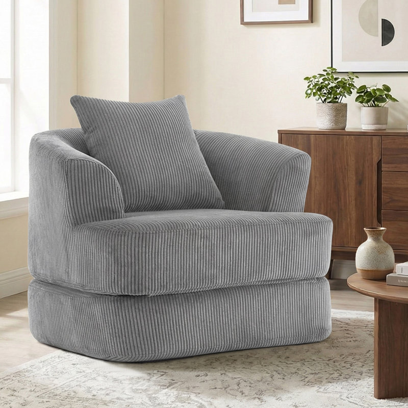Fauteuil demi-tonneau d'appoint convertible surdimensionné rembourré, Velours côtelé gris
