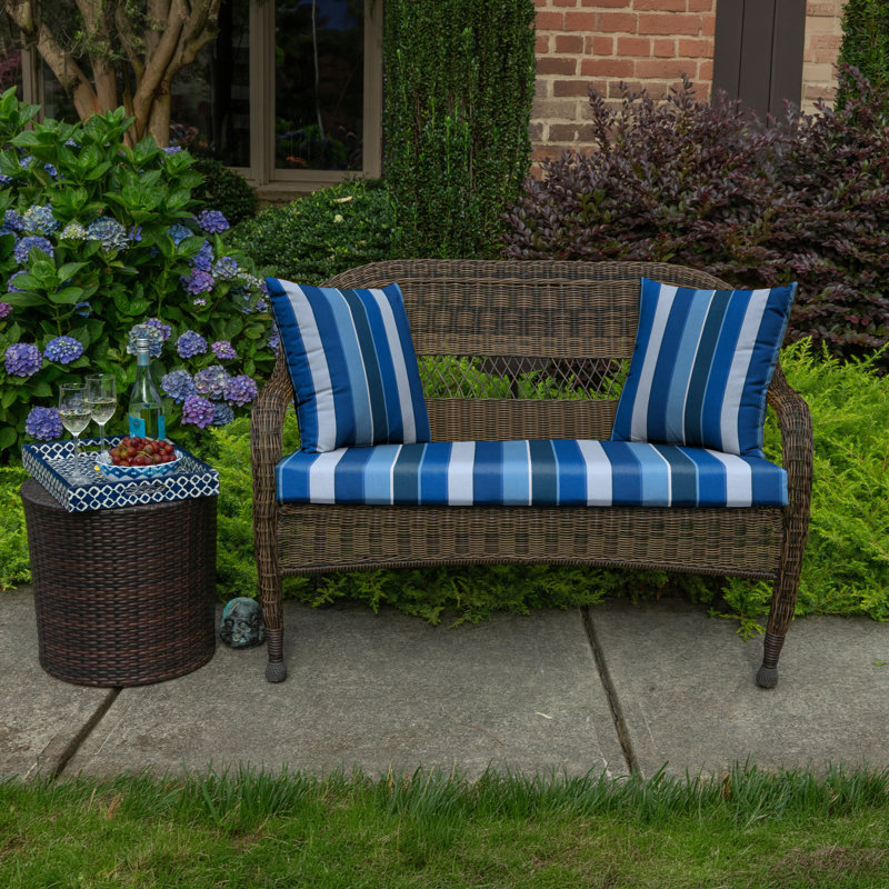 Casual Cushion Wicker Outdoor Bench Cushion, Striped Sunbrella Fade-Resistant for Wicker Settees, Garden Benches & Porch Swings, 43.5"W x 19.5"D, 2.5" thick, Reversible, Milano Cobalt