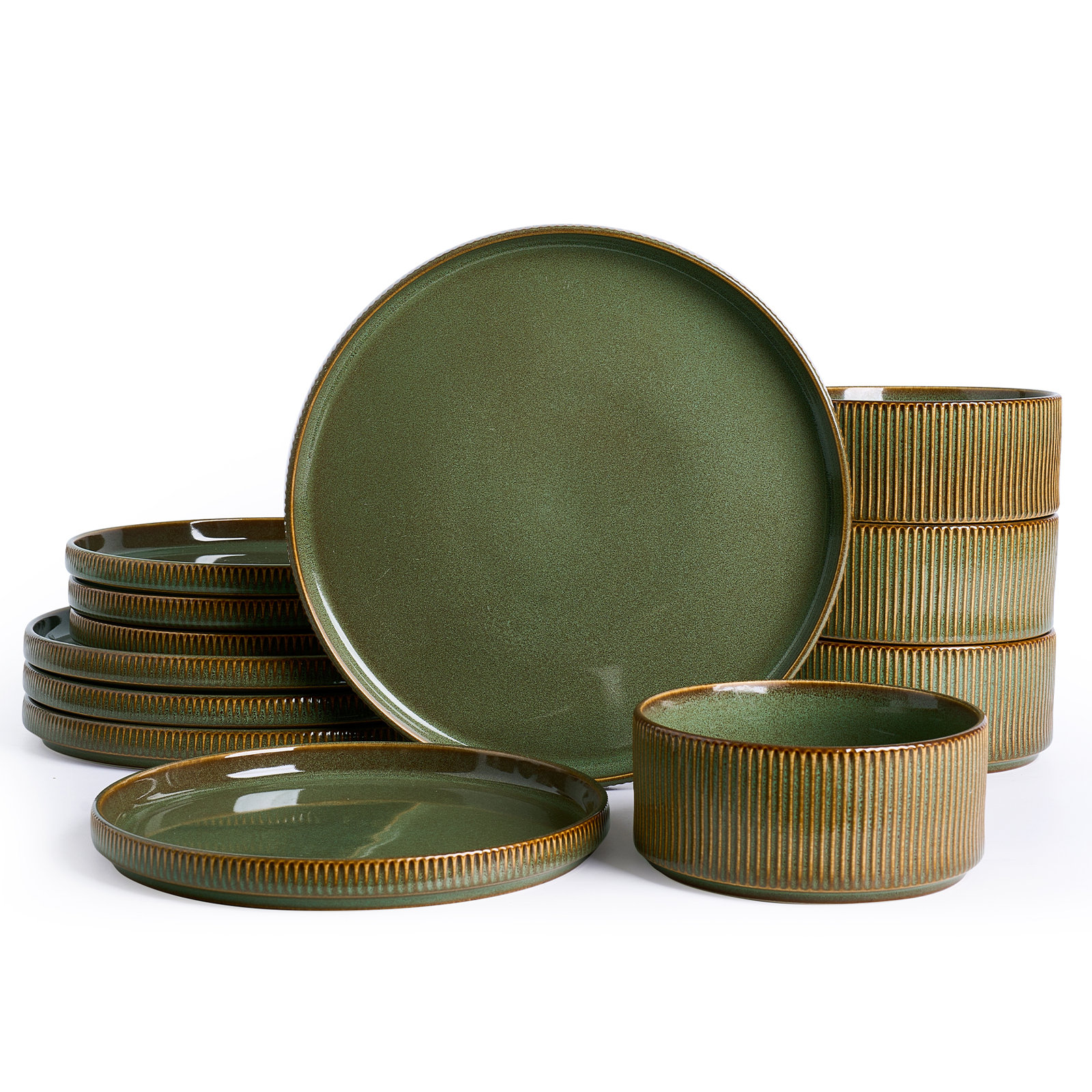 Star Series 12 Pieces Dinnerware Set, Moss & Cocoa, Moss