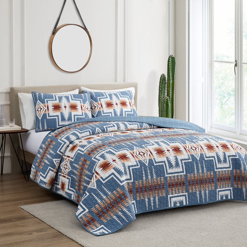 Blue Cotton Reversible Full/Queen Quilted Coverlet Set