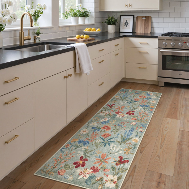 Acker Olive Green Floral Distressed Area Rug with Earthy Wildflower Pattern, Machine Washable, Inspired Faux Wool - High-Rebound Foam & Non-Slip Backing