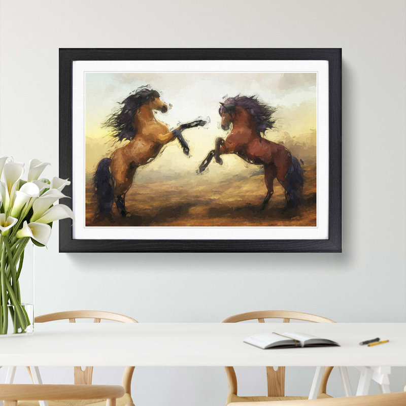 Two Wild Stallion Horses in Abstract - Picture Frame Painting Print, 27cm H x 36cm W x 2cm D, Black Framed