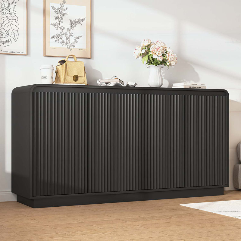 4-Door Fluted Storage Cabinet with Power Outlet, Black