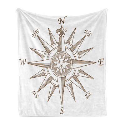 Ambesonne Compass Fleece Throw Blanket Navigation Themed Wind Rose Brown and White