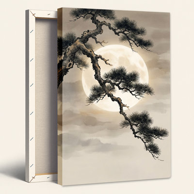 Dark Pine Tree Branch Silhouette Against Full Moon Canvas Wall Art