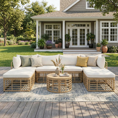 Ensemble de 7 pièces de mobilier de patio extérieur, ensemble de canapé modulaire en rotin toutes saisons avec coussins et coussins épais, ensembles de conversation librement combinés pour le jardin, la cour, le balcon et le beige