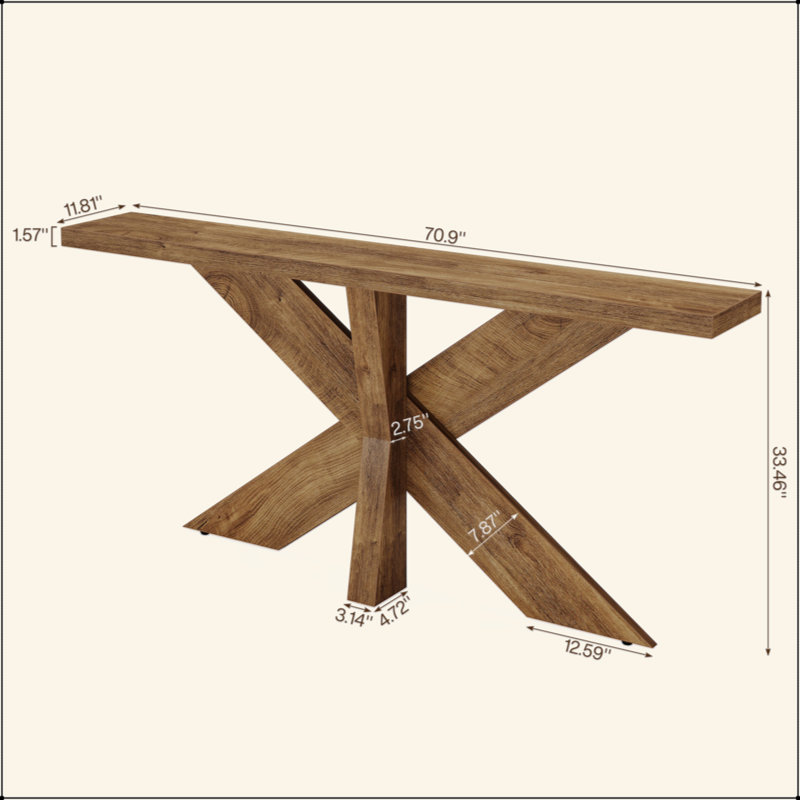 Longue console de style campagnard, canapé brun chêne derrière le canapé avec base géométrique en bois, table d'appoint de vestibule pour le salon