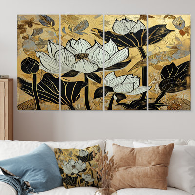 4 pièces de lotus blanc et feuilles noires sur fond doré - lotus