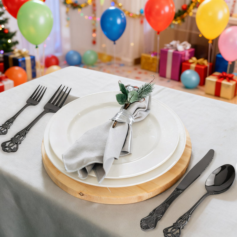 Ensemble de couverts 60 pièces en argent noir avec boîte-cadeau, ensemble de couverts rétro en acier inoxydable royal pour 12 personnes, ensemble de couverts noir élégant avec design complexe, vaisselle de cuisine allant au lave-vaisselle