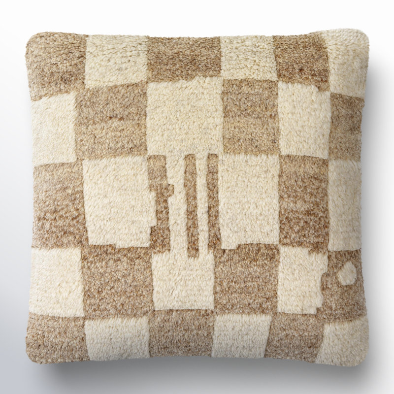 Raven Checkered Wool Blend Throw Pillow, Down, 20" x 20", Ivory